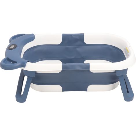 Baignoire bébé pliable avec tapis de suspension antidérapant, capteur de température et trou de vidange, bleu foncé (1/5)