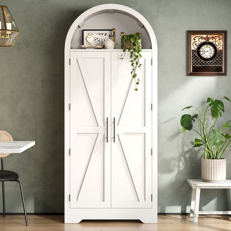 Aparador y bufet de 75 x 35 x 170 cm, vitrina arqueada, almacenamiento abierto, estantes ajustables, MDF blanco. (1/5)