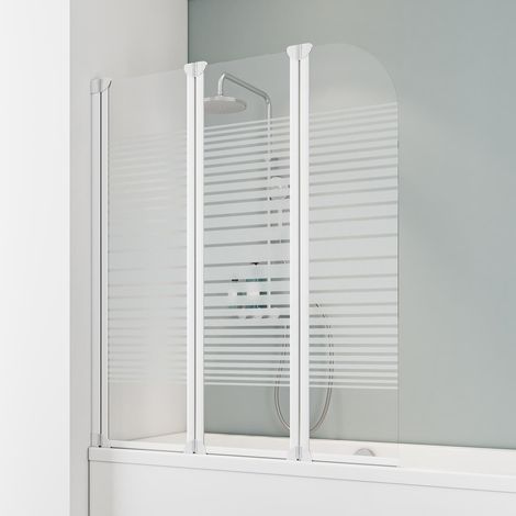 Pare-baignoire pliant 125 x 140 cm, paroi de baignoire 3 volets Komfort, écran de baignoire pivotant Schulte, profilé blanc, décor rayures horizontales (1/6)