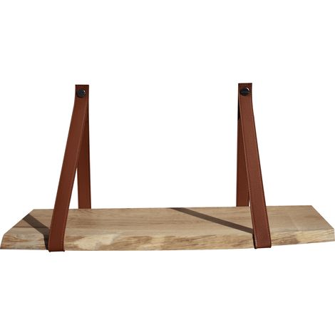 Quincadeco – Étagère murale chêne authentique 60 x 19 cm – Supports cuir caramel – Charge maximale 15 kg – Fabrication artisanale française
