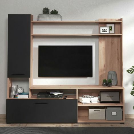 Pared modular Chieve, mueble de salón con 8 estantes, 2 puertas, set componible, negro (1/5)