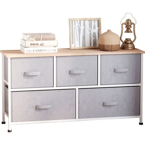 Commode 5 tiroirs gris tissu 100x30x54 cm structure acier blanc bois clair rangement pratique (1/5)