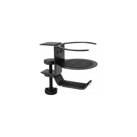 Support casque rotatif 360° en aluminium, crochet écouteurs, gestion câbles, noir – (1/5)