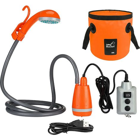 (vert) Douche de camping portable, pompe de douche rechargeable, équipement de camping et de randonnée. (1/3)