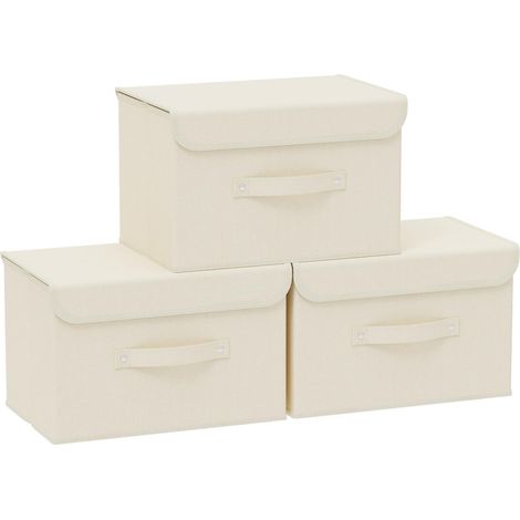 Faltbare Aufbewahrungsbox – 3er-Set – Vliesstoff – mit Deckel und Griffen – für Kleidung und Bücher – 38 x 25 x 25 cm – Beige (1/5)