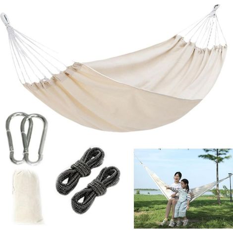 Hamac Suspendu Simple Extérieur Beige, 1 Pièce, Toile Hamacs Exterieur, pour Terrasse, Balcon, Jardin et Camping en Plein Air, avec Sac de Rangement, Sangles Mousquetons (1/5)