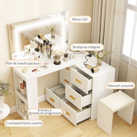 Coiffeuse miroir LED réglable 6 tiroirs 118x78x135 cm blanc