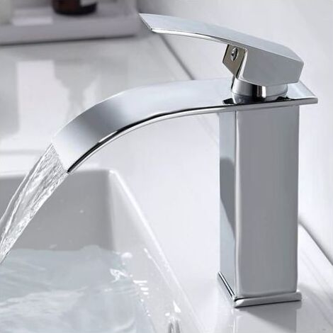 Moderne Robinet Salle de Bain Cascade, Design Elégant Robinet Lavabo Cascade, Mitigeur Salle de Bain en Laiton, Eau Chaude et Froide Disponible, Robinetterie Cascade Chromé G 3/8 (1/4)