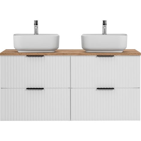 Waschtisch 120cm mit 2 Aufsatzbecken, weiß mit Eiche Nb., Front gerillt, ADELAIDE-56-WHITE (1/5)