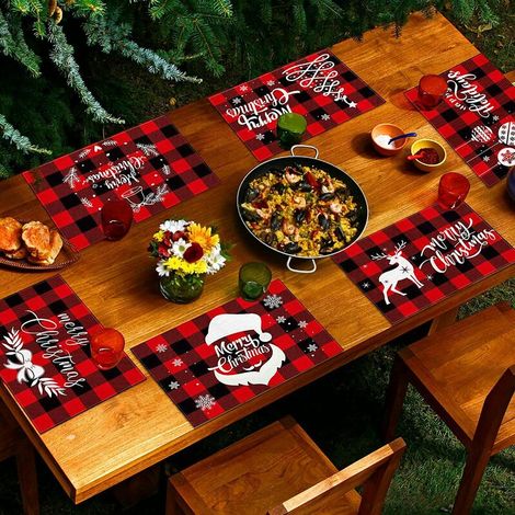 Christmas Placemats, Set of 6 Placemats for Dining Tables, 12×18 Inch Red Black Plaid Linen Washable Placemats, Non-Slip Heat Resistant Christmas Decoration, Kitchen Holiday Placemats (1/5)