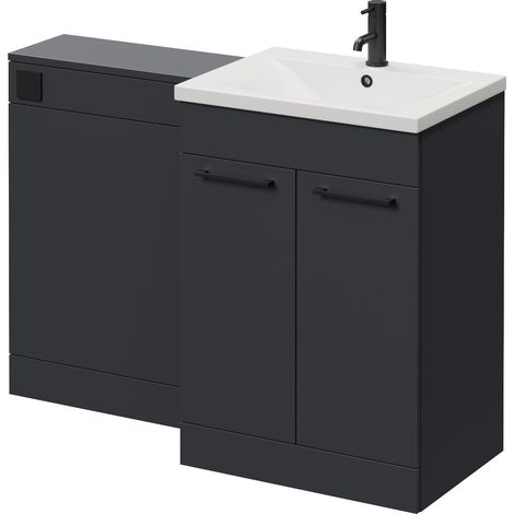 Napoli 460 Cento Gloss Grey 1200mm 2 Door Vanity Unit Toilet Suite with Glide Basin - 1200mm - Matt Black 160mm HandleWithout Kingston Toilet Pan