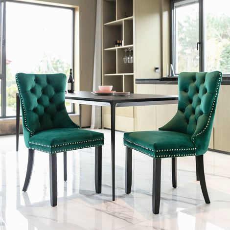 Lot de 2 chaises de salle à manger en velours vert, dossier haut capitonné, clous décoratifs, pieds en bois massif, style français (1/5)