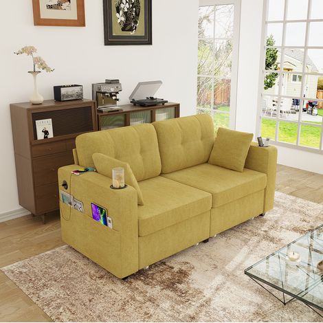 Sofa 2-Sitzer aus Chenille, senfgelb, 172x75x82 cm, mit 2 Schubladen, USB-Anschlüssen, Getränkehaltern und Seitentaschen (1/5)