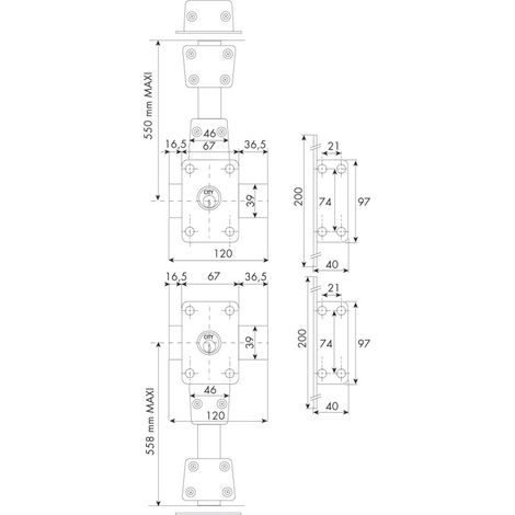 Verrou 4 points Zenith 1553 haut et bas à double entrée haut et bas cylindre de 45mm droit - ISEO - 15530451.5 (1/3)
