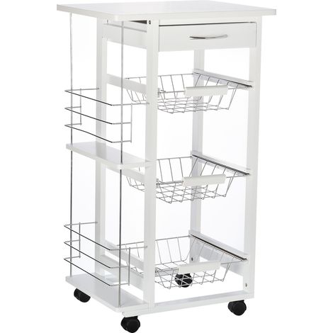 Carrello da cucina salvaspazio in legno di pino bianco, portavivande con 4 ruote, cassetto e 3 cesti estraibili, portafrutta (1/5)