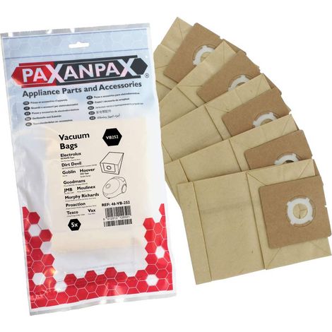 Paxanpax VB252, Sacchetti di Carta compatibili Goblin Ace 461 Hoover 'H55' Studio Electrolux 'E67/E67N' Mini Mite & Superlite Morphy Richards Compact, Jazz, Jive, Sonic Series (Confezione da 5)