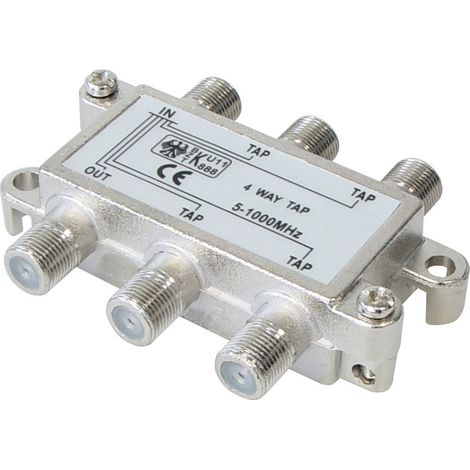 Anzapfungen4-fach Anzapfung f-Buchse - 5x f-Buchse, Consumer Serie 5 - 1000 mhz,
Durchgangsdämpfung: 500 mhz: 6,8 db, Abgriffsdämpfung: 500 mhz: 10,0 db ± 1,0