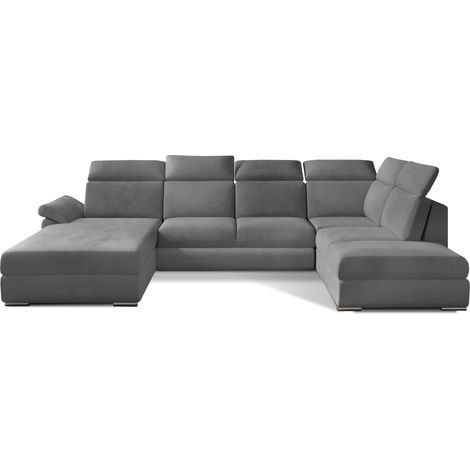 Canapé panoramique convertible LEVANO velours - Rangement et appuie-têtes réglables à droite-Gris-Coffre à droite (1/5)