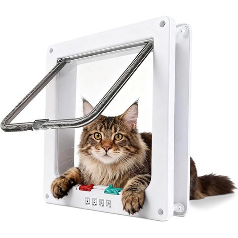 Cat Door Flap Easy to Fit, Safety Pet Sliding Door with 4 Way Lock, Weatherproof Cat Flap for Inside Outside Door Wall Fence, White,19.7cm x 19cm (1/5)