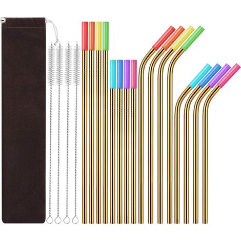 Set mit 16 wiederverwendbaren Edelstahlstrohhalmen – lange Strohhalme, spülmaschinenfest – Reinigungsbürsten inklusive. (1/5)
