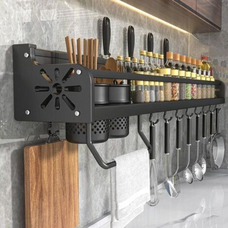 Wandmontierter Küchenutensilienhalter. Gewürzregal mit Haken. Hängendes Wandregal für Pfannenwender und Löffel. Organizer für 50-cm-Gewürzgläser. Messerhalter und Aufbewahrung für Küchenutensilien.