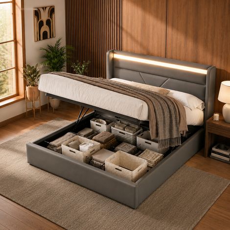Letto contenitore 140x200 cm in PU grigio con LED, senza materasso – MEUBLIV (1/5)