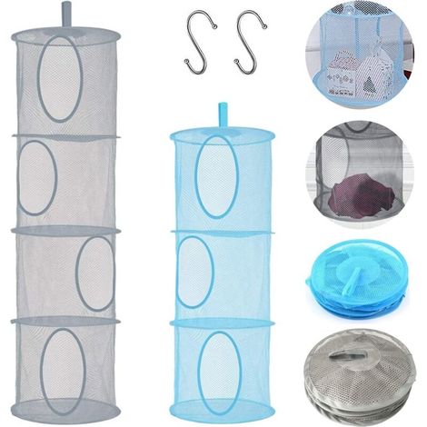 Lot de 2 sacs de rangement en maille à suspendre avec 2 crochets en S pour chambre, salle de bain, mur, balcon, armoire (gris, bleu) (1/4)