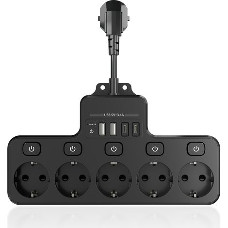 Steckdosenleiste, kurzes Kabel, 5 Steckdosen, USB Typ-C Steckdosenleiste, Multifunktionssteckdose, Verlängerungskabel, mit Schalter, USB, Steckdose, geeignet für Zuhause und Büro, 1 Stück, schwarz.