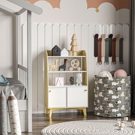 Tablette de Salon à 2 Niveaux avec Étagère Ouverte et Armoire à 2 Portes, en Panneaux de Particules et Pin, 58x30x93 cm (1/5)