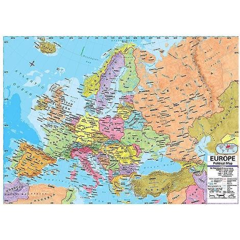 Carte de l'Europe en anglais, carte de répartition politique, impression sur toile, décoration murale, salon, maison, support d'étude, or - 225 x 150 cm (1/5)