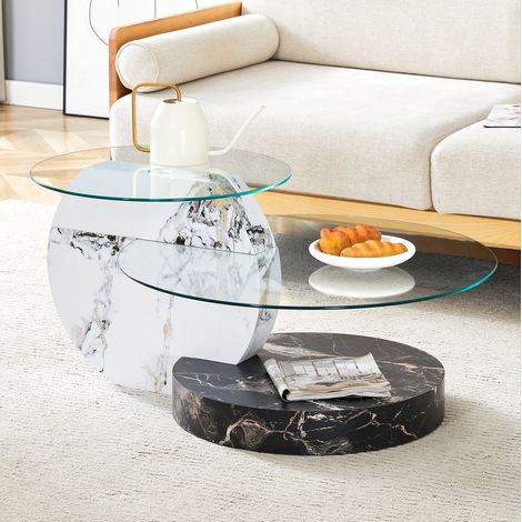 Mesa de centro de dos niveles con tablero de cristal templado (50/70 cm) y estante de MDF con efecto mármol - negra (1/5)
