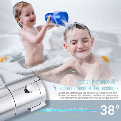 Mitigeur Thermostatique Douche Chromé Mural avec Bouton de Sécurité, Laiton Massif - DBWF01GR (1/2)