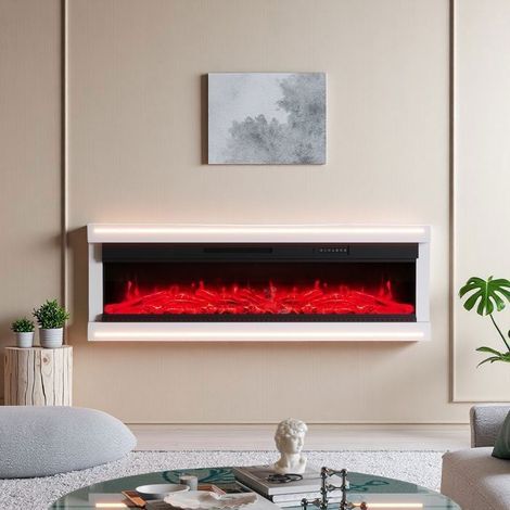 Camino Elettrico da Parete 50 Pollici - Effetto Fiamma 12C & LED RGB - Riscaldamento 750W/1500W, Telecomando - Bianco Brillante (1/5)