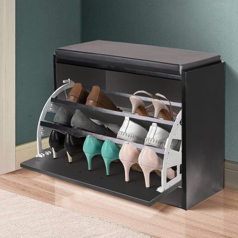 Scarpiera Panca 1 Anta Tripla Profondità con Seduta in Eco Pelle nero 60x30x48 (1/5)