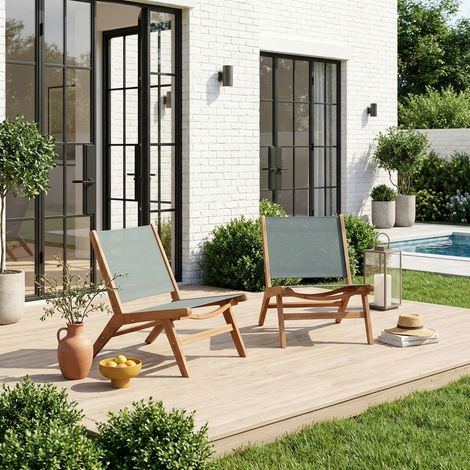 Lot de 2 fauteuils relax bois d'acacia et textilène kaki - Madera