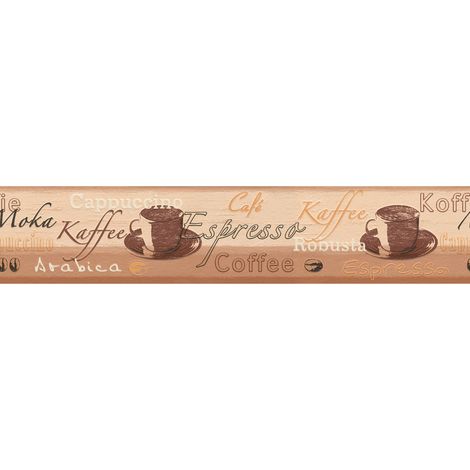 Frise murale pour cuisine | Frise papier peint cuisine marron & beige | Frise tapisserie moderne pour cuisine motif tasse café - 5,00 x 0,13 m (1/2)
