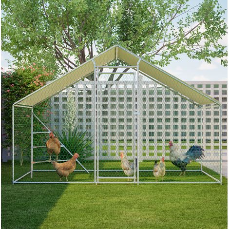 Voliera per galline in metallo 3 x 2 m con tetto, porta con chiusura e copertura PE bianca DESVIAE (1/5)