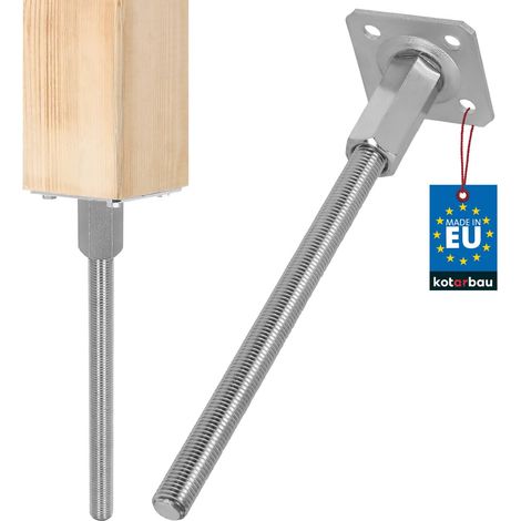 KOTARBAU® Pied Reglable pour Poteau 80x80 mm - Filetage M20x330 mm Support Poteau Bois à Bétonner - Pied de Poteau Reglable - Acier Galvanisé - Argent (1/5)