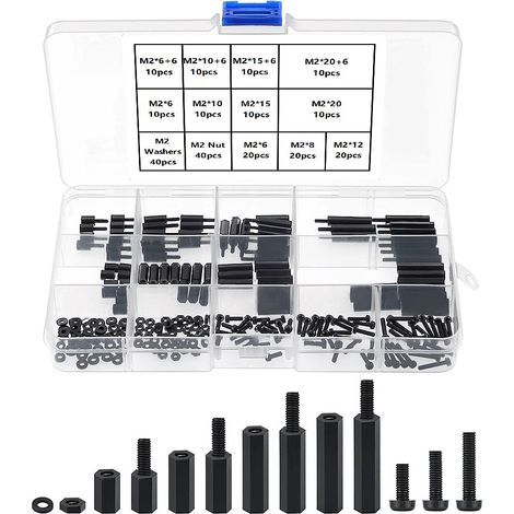 Kit assortimento di accessori con viti distanziatrici e dadi esagonali in nylon M2 maschio/femmina, per circuiti elettrici fai-da-te e montaggio di circuiti stampati, colore nero.