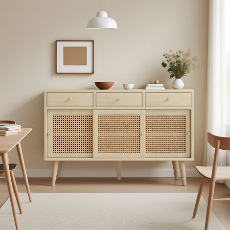 MEUBLES COSY Buffet, commode, 3 tiroirs et 3 portes coulissantes, panneaux en rotin tressé, chêne, 120 x 40 x 78 cm (1/5)