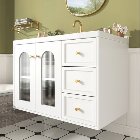 Mobile lavabo sospeso 80x50x58 cm in MDF bianco con contenitore bagno – MEUBLIV (1/5)