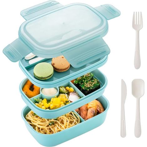 Boîte à lunch - Boîte à lunch enfant - Boîte à lunch adulte - Boîte à lunch Bento empilable à 3 étages - Adultes et enfants, couverts intégrés, étanche - Idéale pour les repas à l'extérieur ou au trav (1/5)