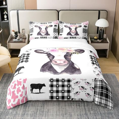 Cow 100% Coton Housse de Couette 200x200cm Vache Parure de lit Coton Ensemble Housse de Couette Animaux Mignons Parure de lit Ferme Coeur Amour Literie à Carreaux Gris Noir - 200 x 200 cm + 2 taies d' (1/5)
