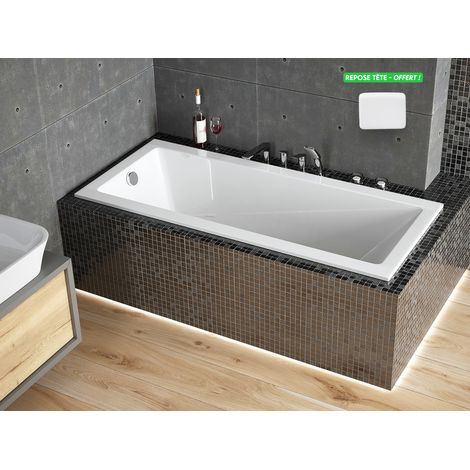 Otitec – Baignoire rectangulaire à encastrer 180 x 80 cm – Acrylique durable – Repose-tête blanc offert – Garantie 10 ans