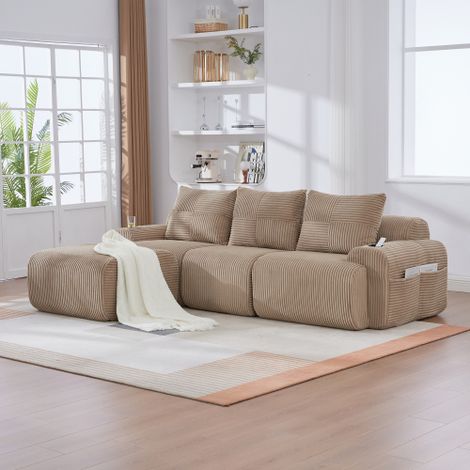 Canapé modulable en velours côtelé trois places (avec repose-pieds), à composer librement, équipé de porte-gobelets et de poches de rangement latérales, idéal pour le salon ou la salle de jeux, couleu