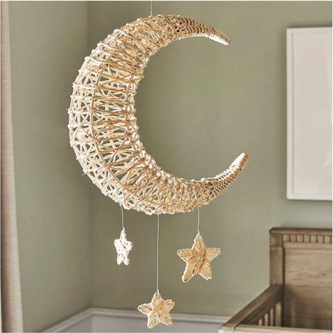 Carillon à vent en rotin tissé à la main en forme de lune et d'étoiles - Décoration murale en osier fait à la main pour chambre à coucher, salon, loisirs créatifs, accessoires photo (1/4)