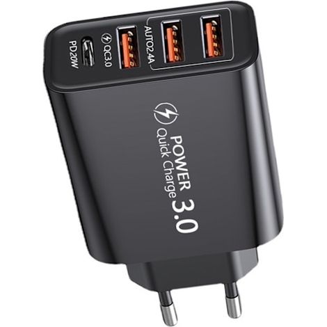 Adaptateur de voyage universel pour l'UE, doté de 3 ports USB, d'un port de charge rapide de type C et d'une prise standard européenne, de couleur noire. (1/5)
