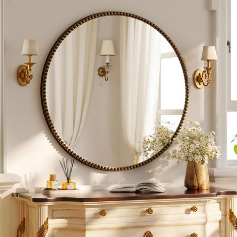 miroir mural rond 80 cm, cadre en perles PU, brun (1/5)
