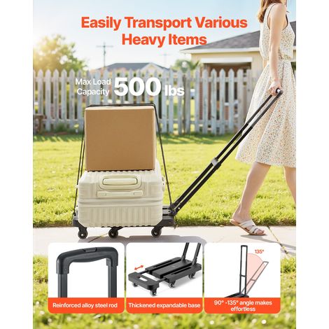 Diable Pliant 6 Roues, Chariot à Bagages Pliable, Capacité de Charge 226,8 kg, 2 Cordes Élastiques, Base Extensible, Chariot Utilitaire pour Déménagement, Manutention, à l'Aéroport, Bureau, Noir (1/5)
