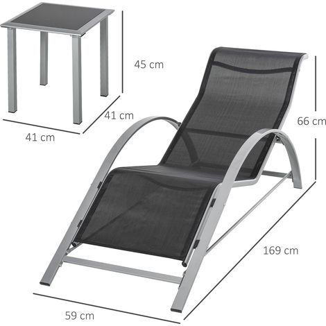 Transat de jardin 3 pièces avec table, mesh métal noir, 2 fauteuils + 1 table, idéal pour terrasse et balcon